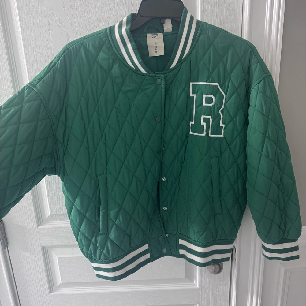 Green Quilted Varsity Jacket for women with 'R' Patch